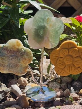 Quantum Quattro Green Fluorite & Yellow Jasper  Flowers on Stand